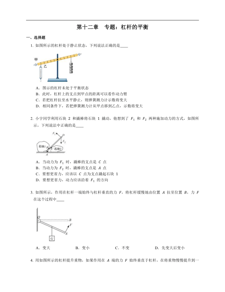第十二章简单机械  专题：杠杆的平衡   2021年暑假复习练习 人教版物理八年级下册（含答案）