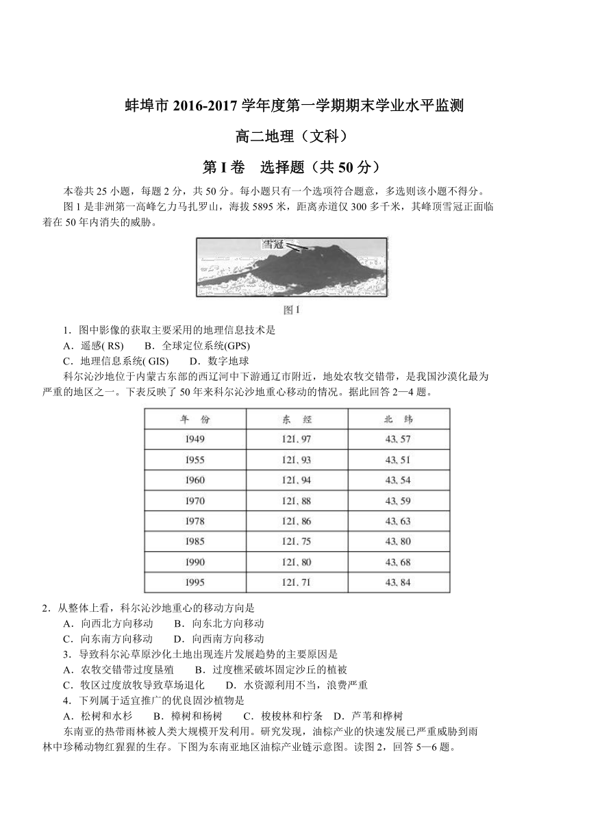 安徽蚌埠16-17学年高二上期末考试--文科地理