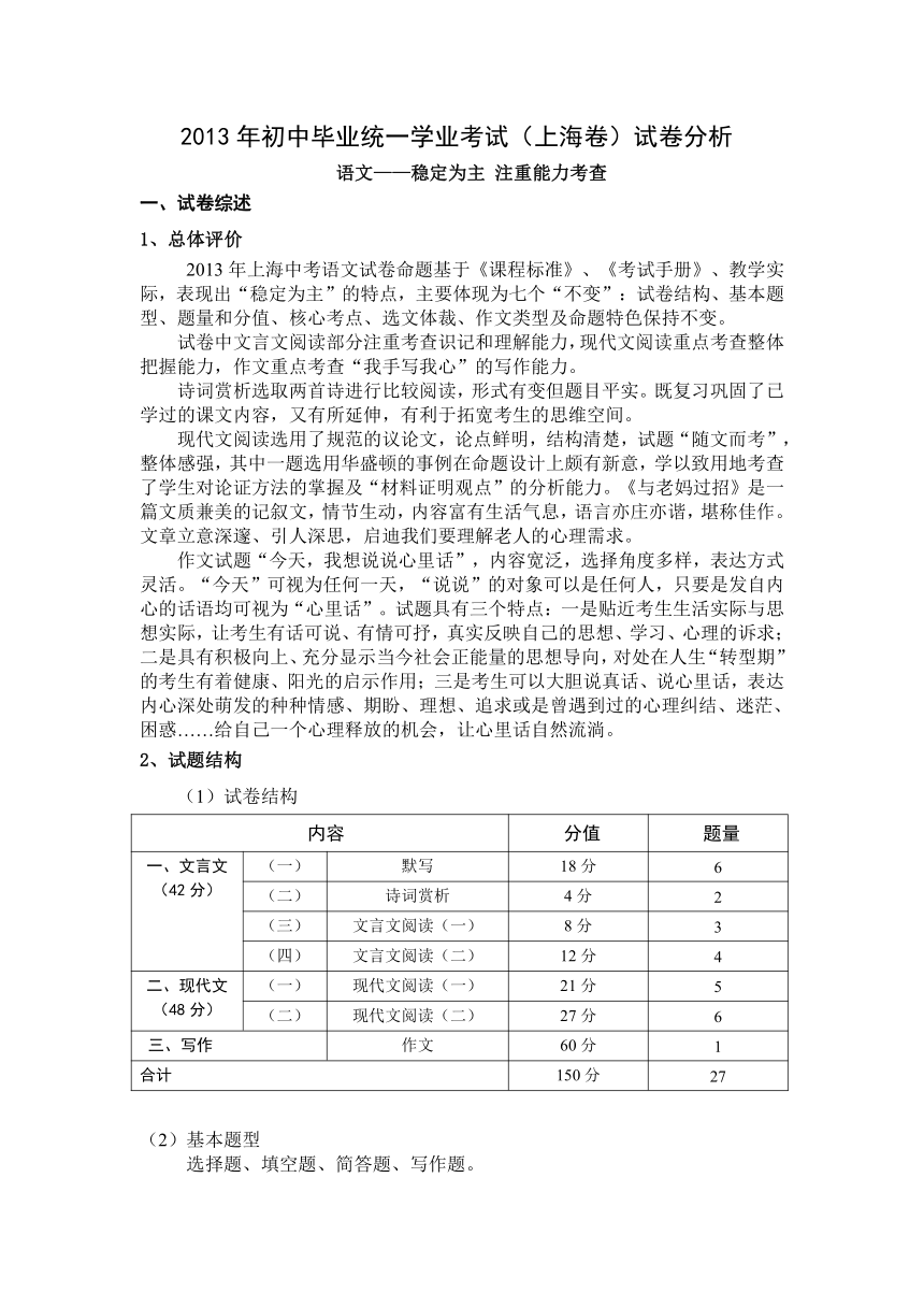 2013年上海市中考语文试题分析及2014年中考语文备考指导（14页Word文档）