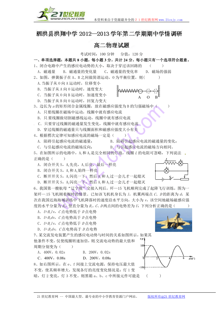 江苏省宿迁市泗洪县洪翔中学2012-2013学年高二下学期期中考试物理试题