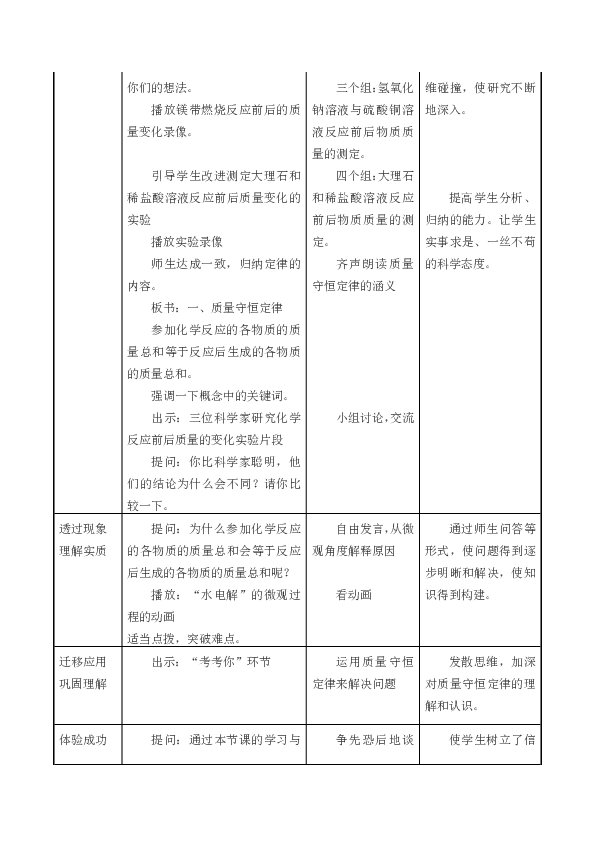 沪教版（上海）化学九年级上册 2.3 化学变化中的质量守恒 教案