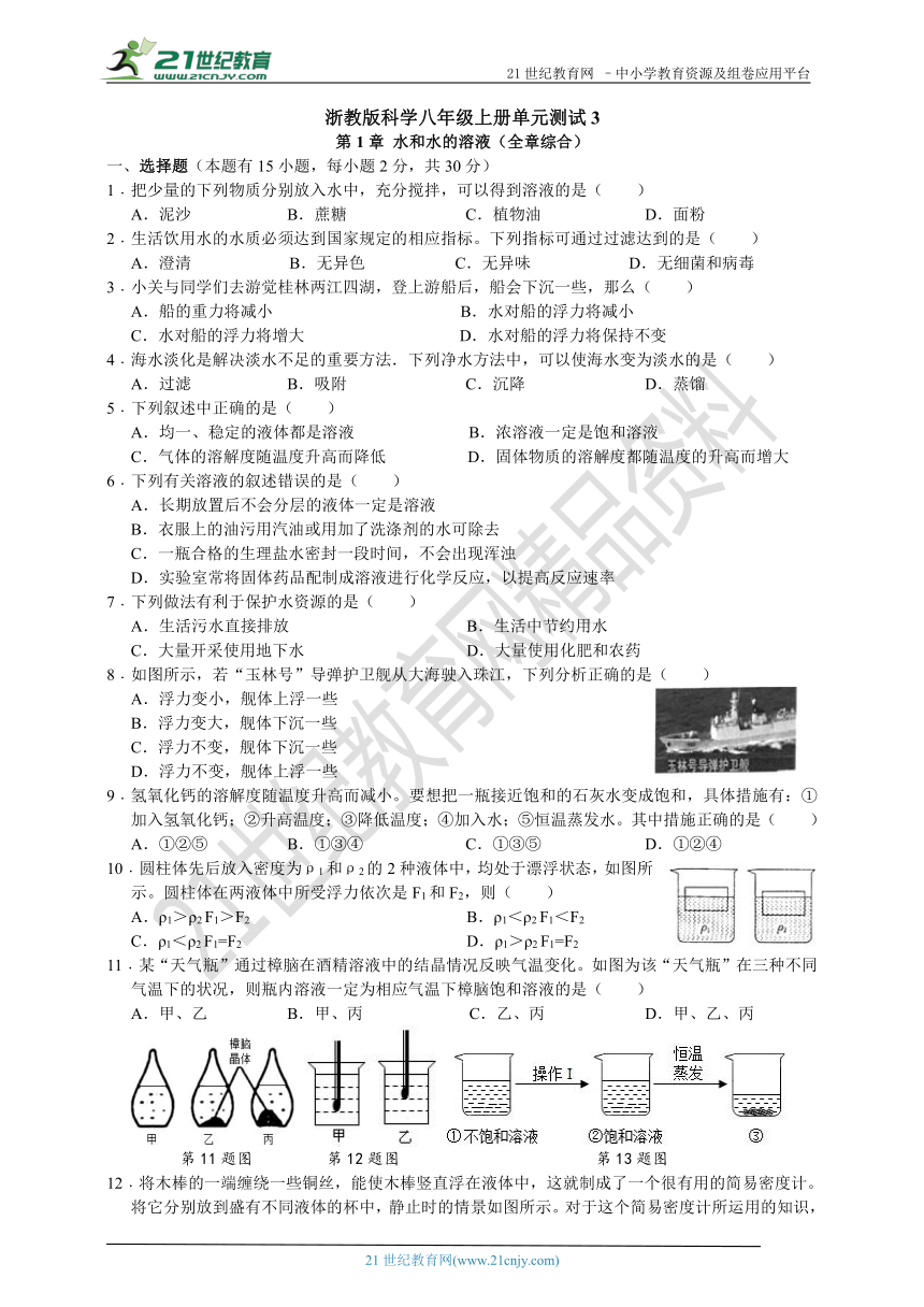 浙教版科学八年级上册单元测试 - 第1章 水和水的溶液 （全章综合）