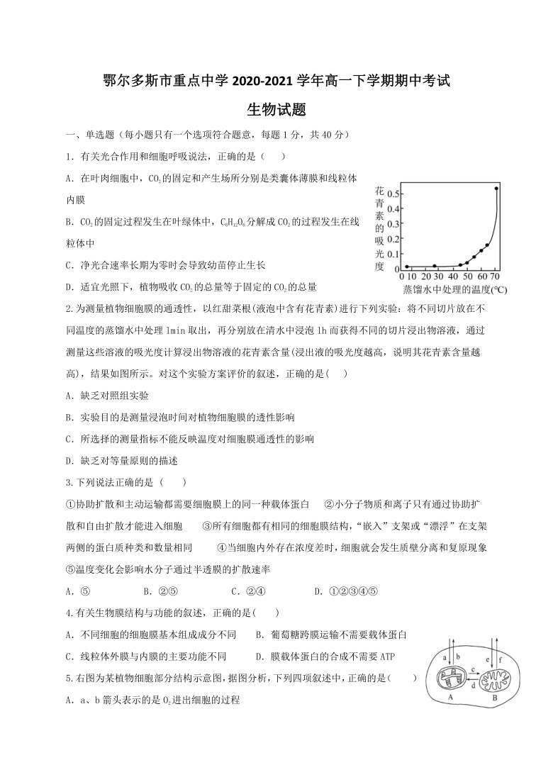 内蒙古鄂尔多斯市重点中学2020-2021学年高一下学期期中考试生物试题 Word版含答案