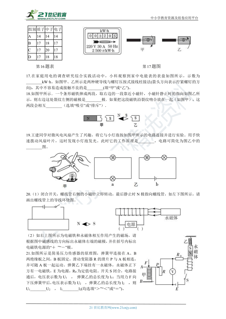 浙教版科学八下期中模拟检测1 含解析（适用于金华、嘉兴、杭州、湖州、衢州）