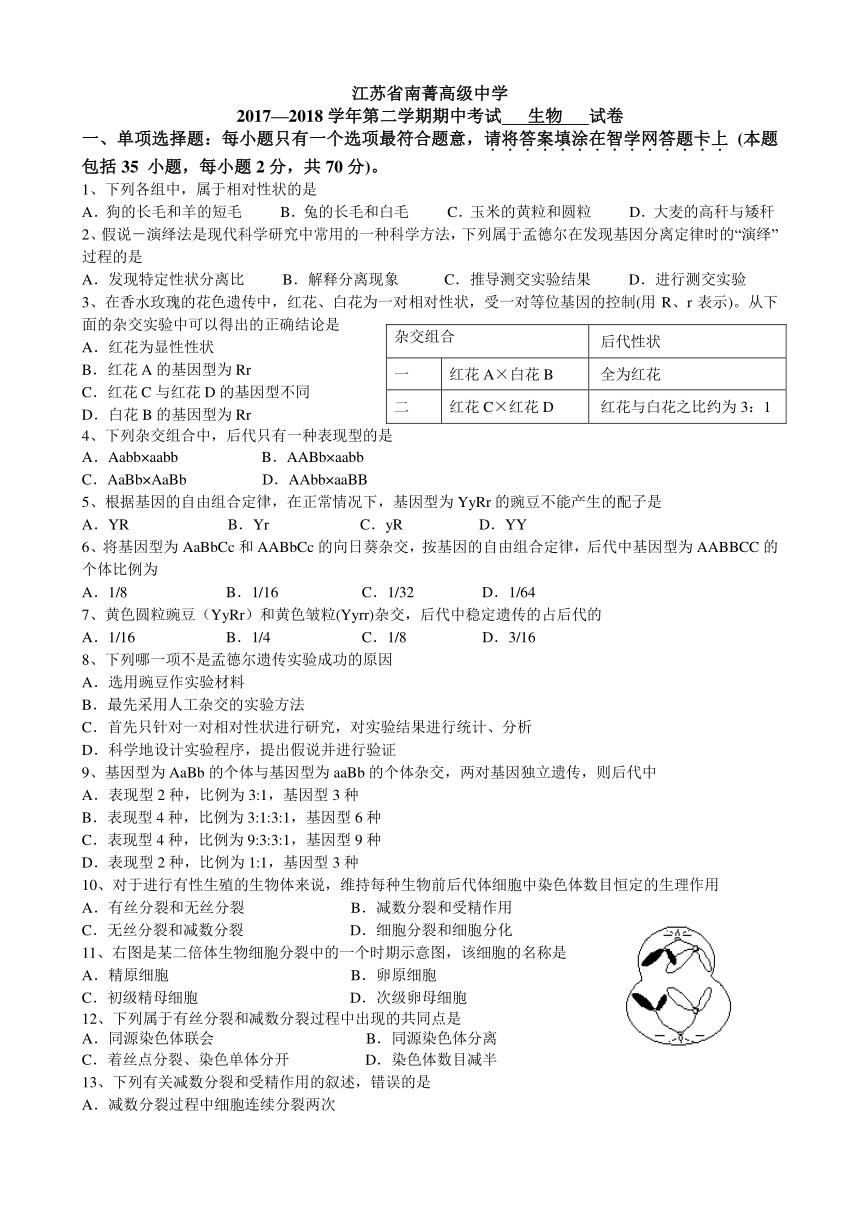 江苏省南菁高级中学2017-2018学年高一下学期期中考试生物试题