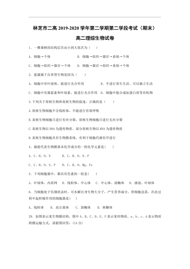 西藏林芝二高2019-2020学年高二下学期第二学段考试（期末）理综生物试题