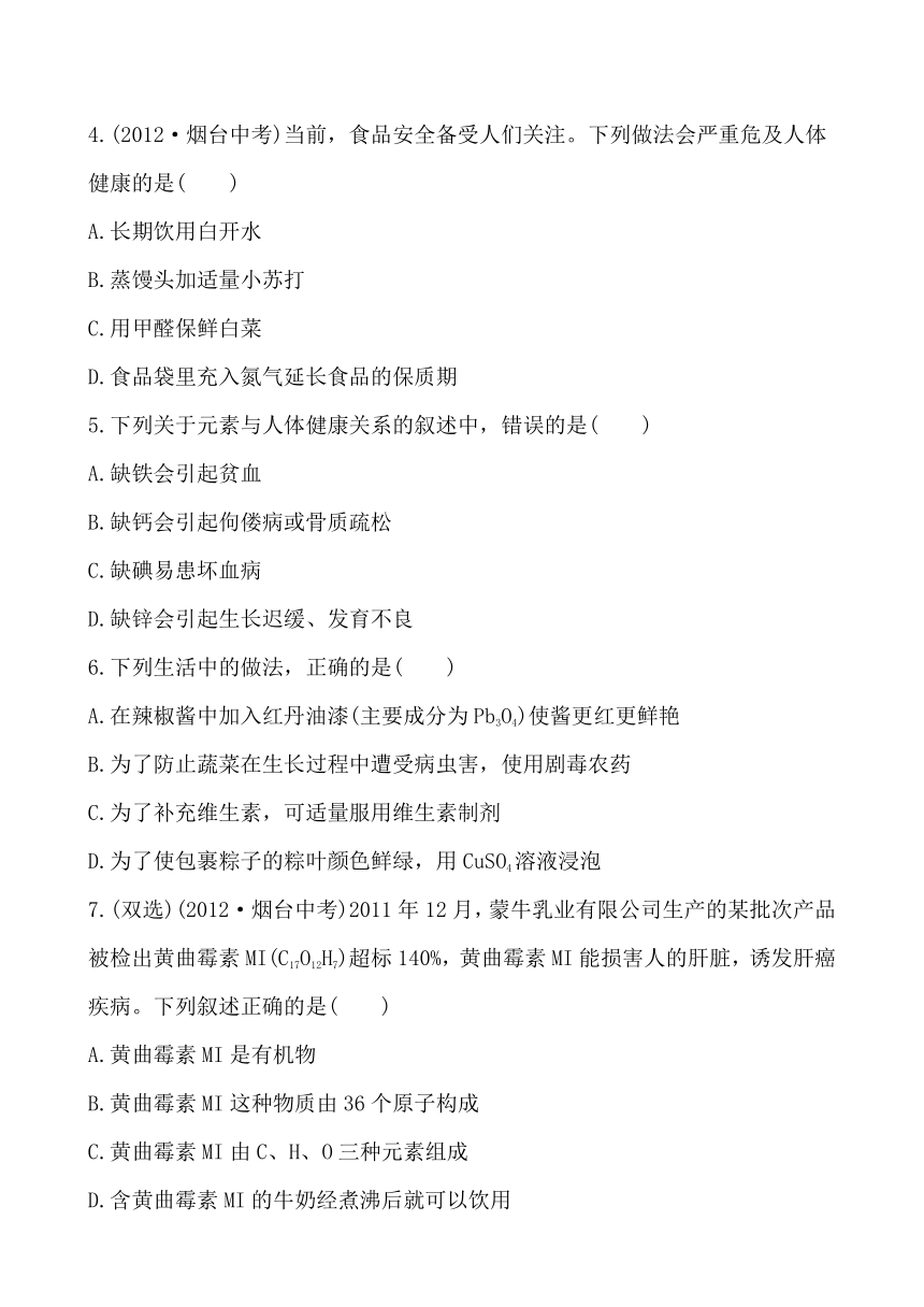 鲁教版初中化学九年级下册 第十单元化学与健康 测试题（含答案）