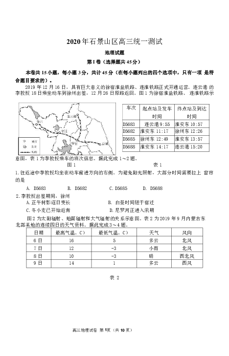 北京市石景山区2020届高三下学期统一测试（一模）地理试题 Word版含答案