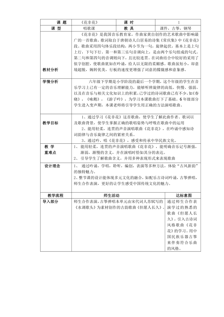 人音版五线谱六年级下册音乐1花非花教案表格式