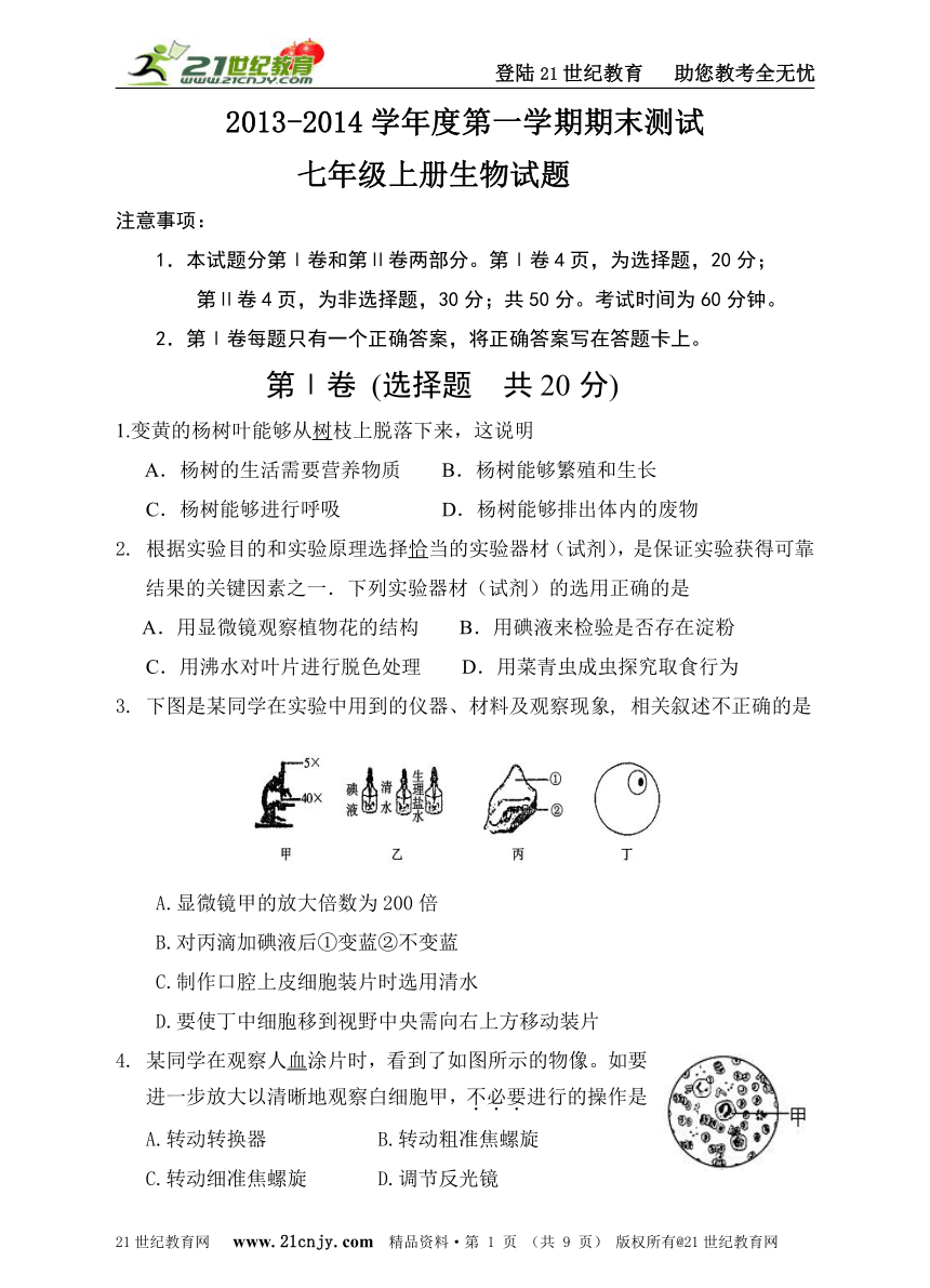 2013-2014学年度第一学期期末测试七年级上册生物试题