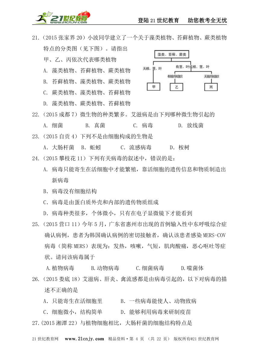 2015全国中考生物真题汇编主题八：生物的多样性