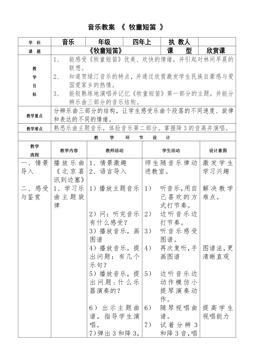 四年级上册音乐教案第四单元欣赏牧童短笛人教版表格式