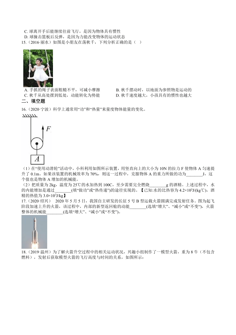 浙江省2016-2020年科学中考（物理）试题分类（6）——功能转化（含答案）