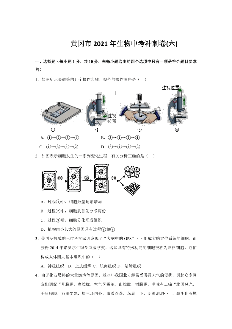 湖北黄冈市2021年生物中考冲刺卷(六)（Word版含答案）