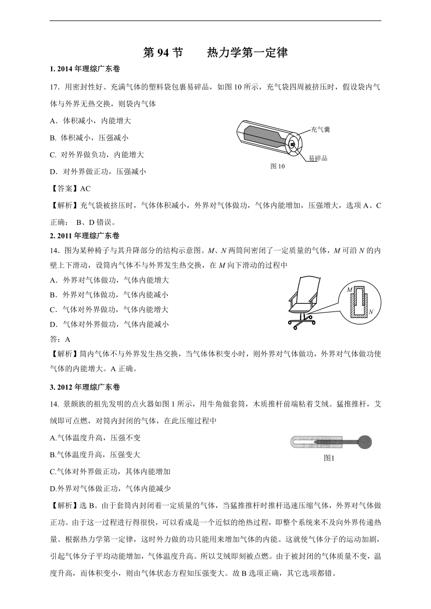 2011-2018年高考真题专题分类汇编94.热力学第一定律