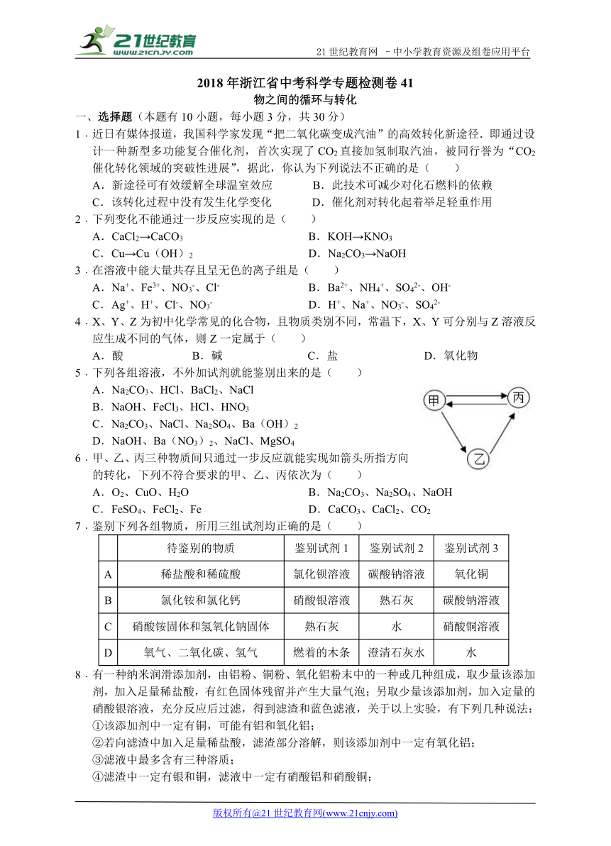 2018年浙江省中考科学专题检测卷41-物质间的循环与转化