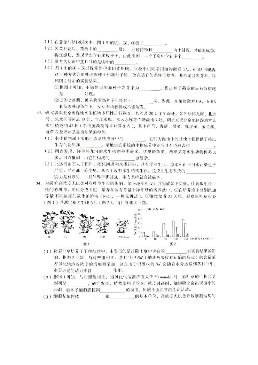 北京市海淀区2018届九年级上学期期中考试生物试题（图片版）