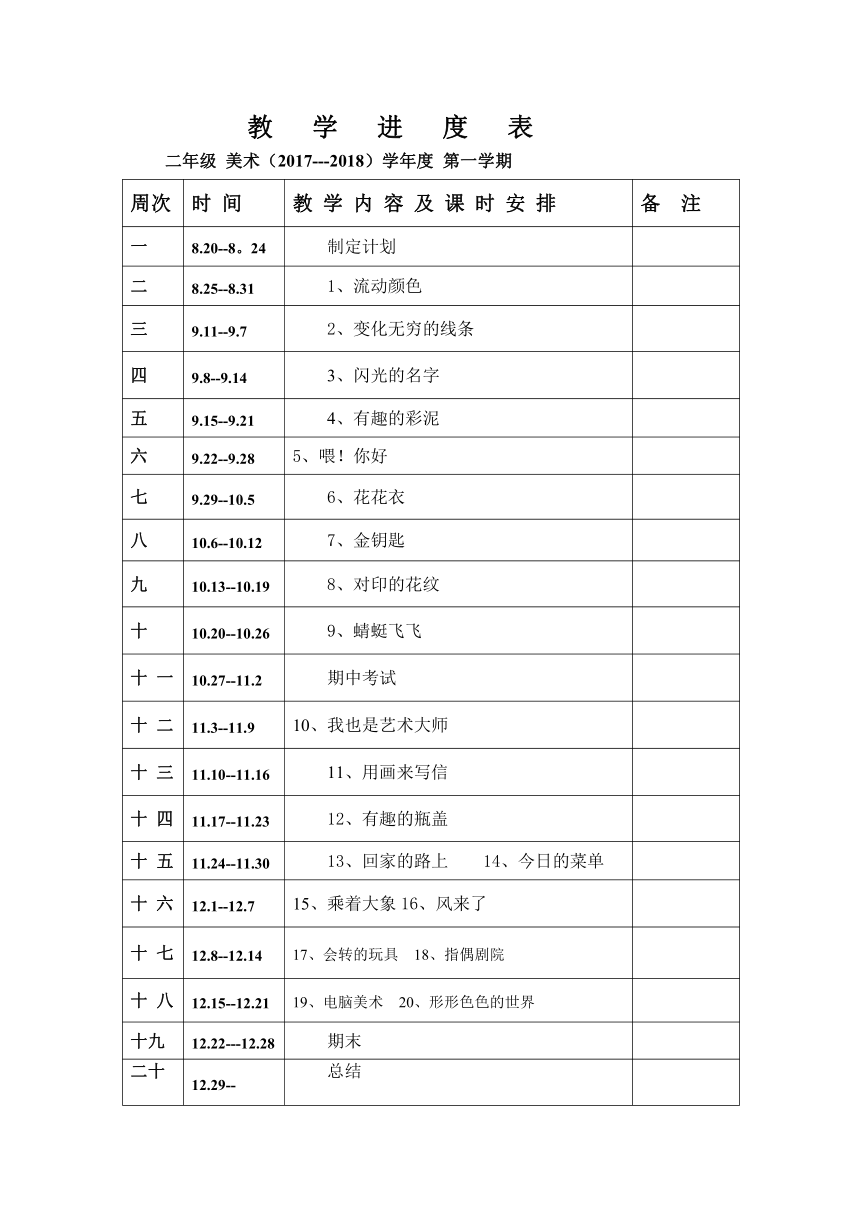 最新人教版二年级美术上册全册表格式教学计划