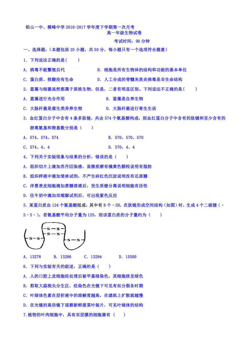 江西省横峰中学、铅山一中2016-2017学年高一下学期第一次月考生物试题 Word版