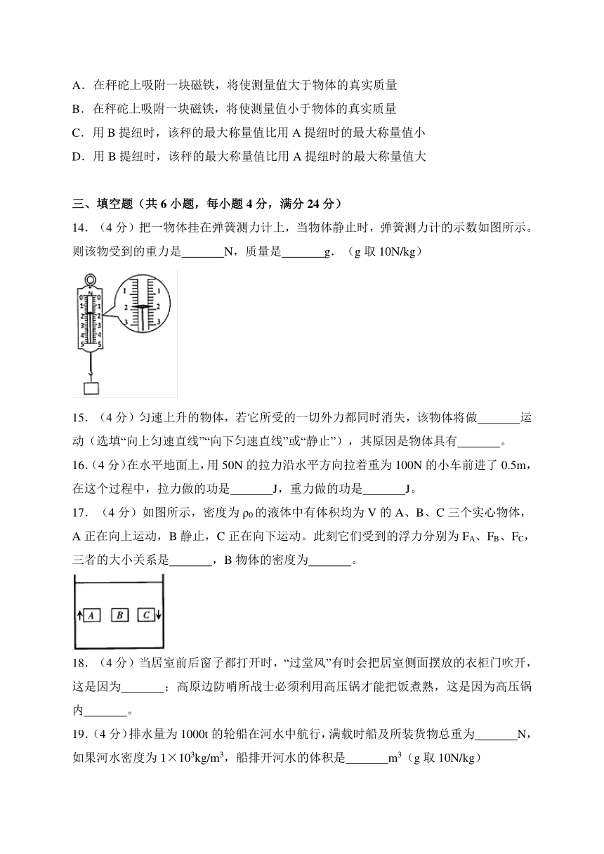 天津市滨海新区2017-2018学年八年级下学期期末考试物理试题（WORD版）