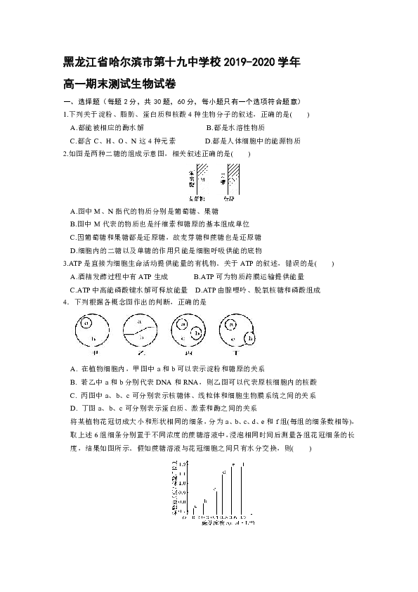 黑龙江省哈尔滨市第十九中学校2019-2020学年高一上学期期末测试生物试卷