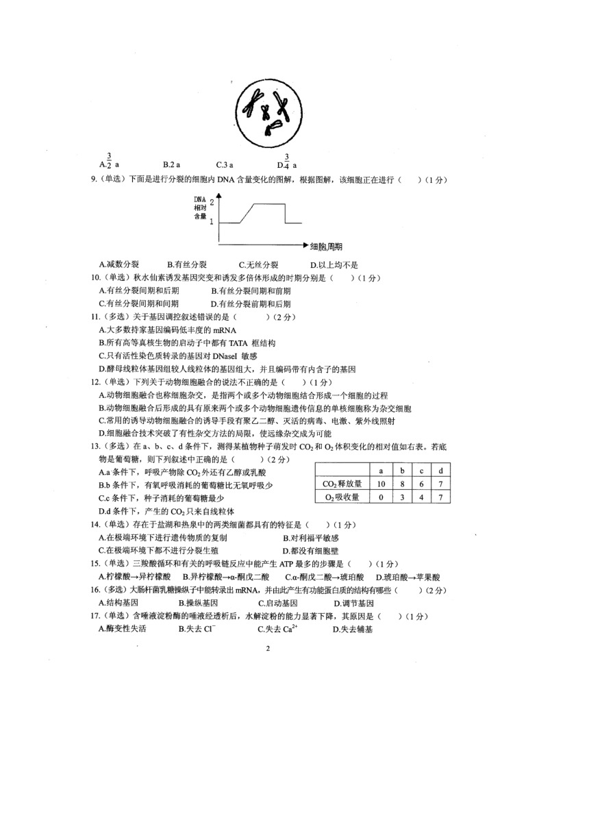 2014年辽宁省中学生生物学竞赛试题及答案（扫描版）