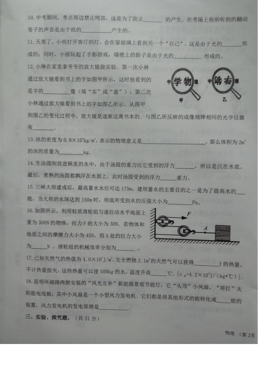 2016年云南省初中学业水平考试模拟卷(二)物理　　无答案　PDF