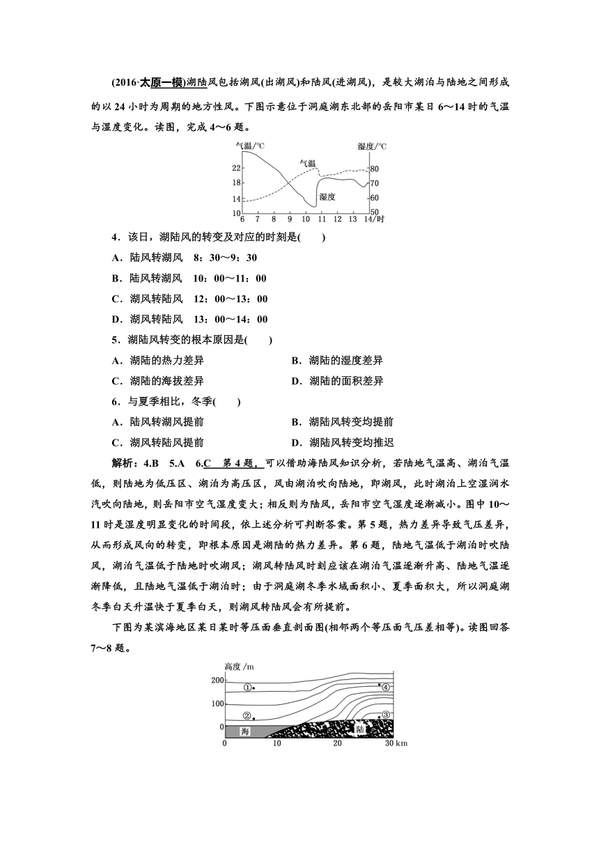 2017【三维设计】高中地理复习课时跟踪检测（九）第一部分第二章第一节冷热不均引起大气运动