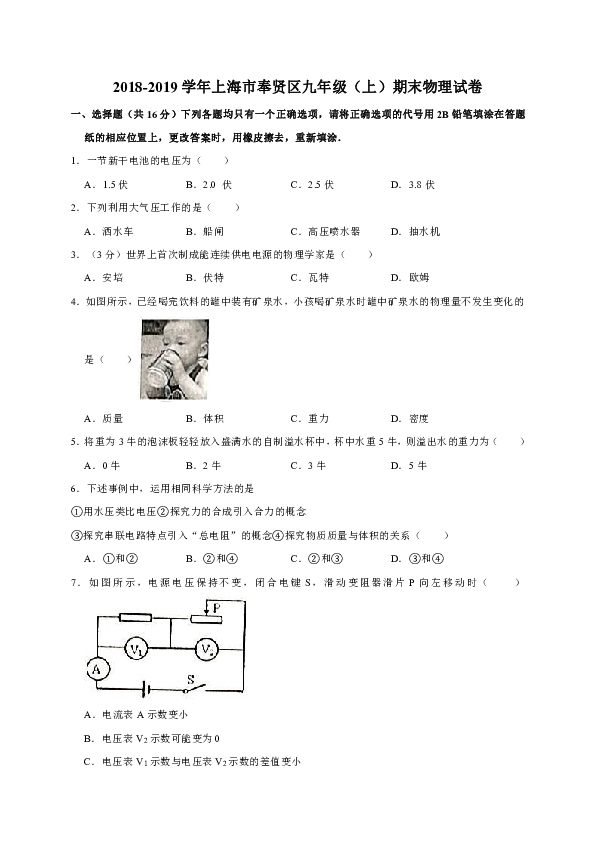 2018-2019学年上海市奉贤区九年级（上）期末物理试卷（解析版）