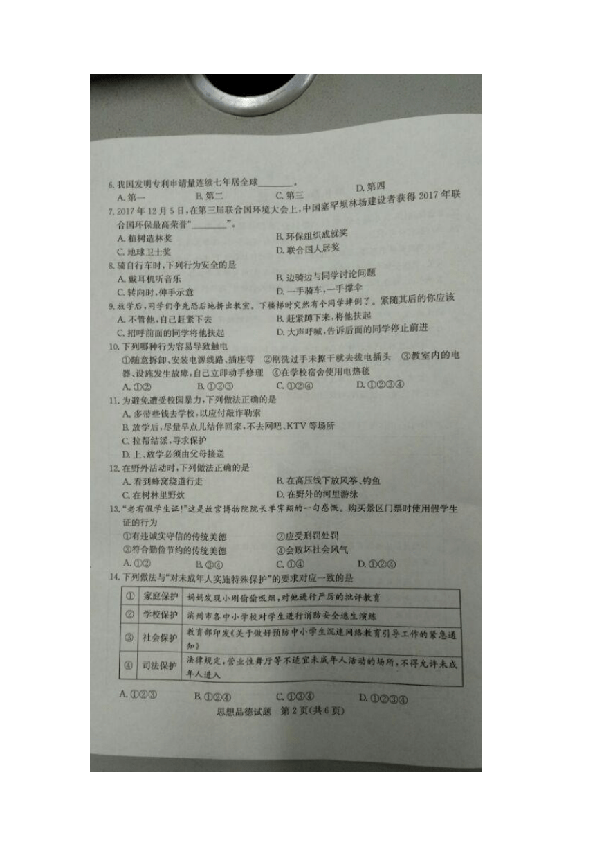 2018年山东省滨州市学业水平考试思想品德试题（图片版无答案）