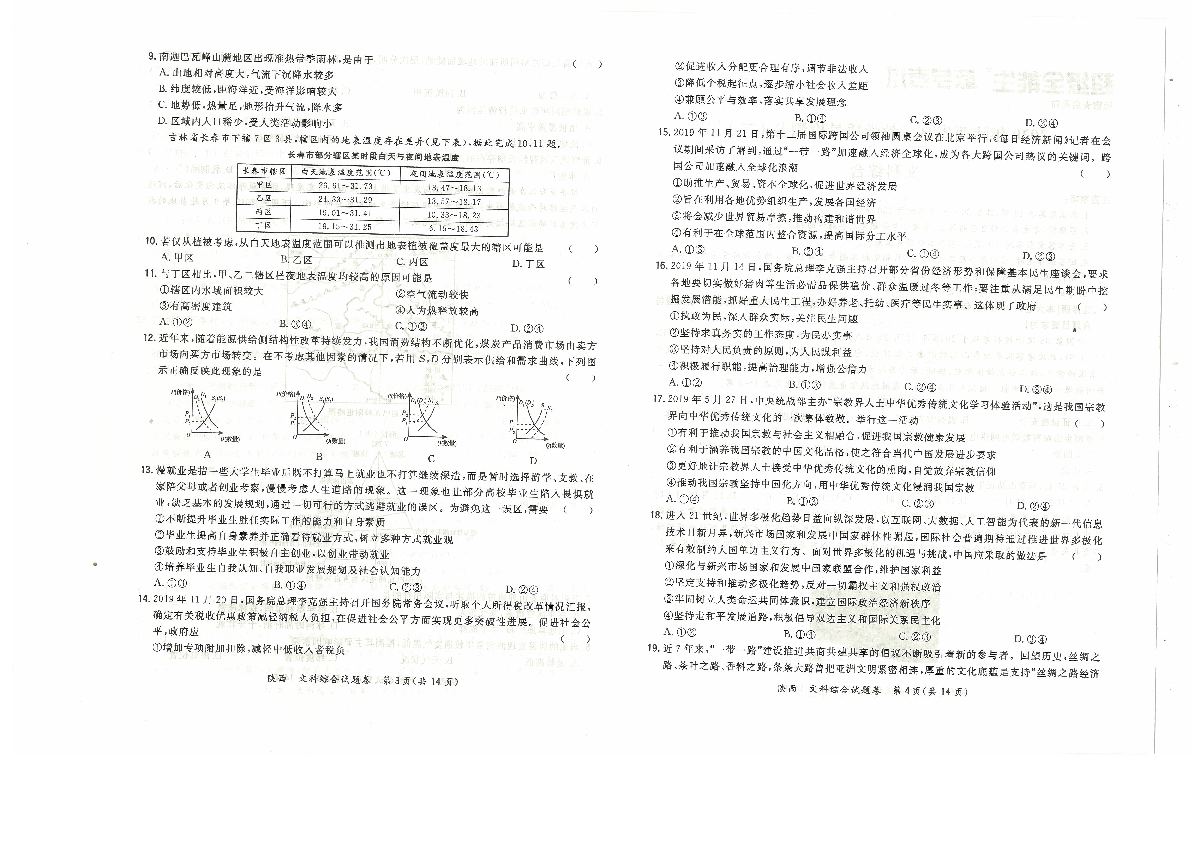 2020年4月陕西省高三教学质量检测文综卷（二）PDF版含答案及解析