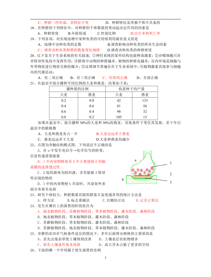 高二生物单元测试（必修三1-4章内容）[上学期]