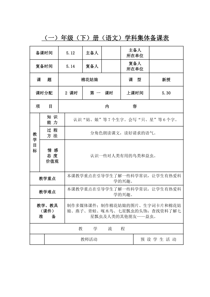 19.棉花姑娘  表格式教案