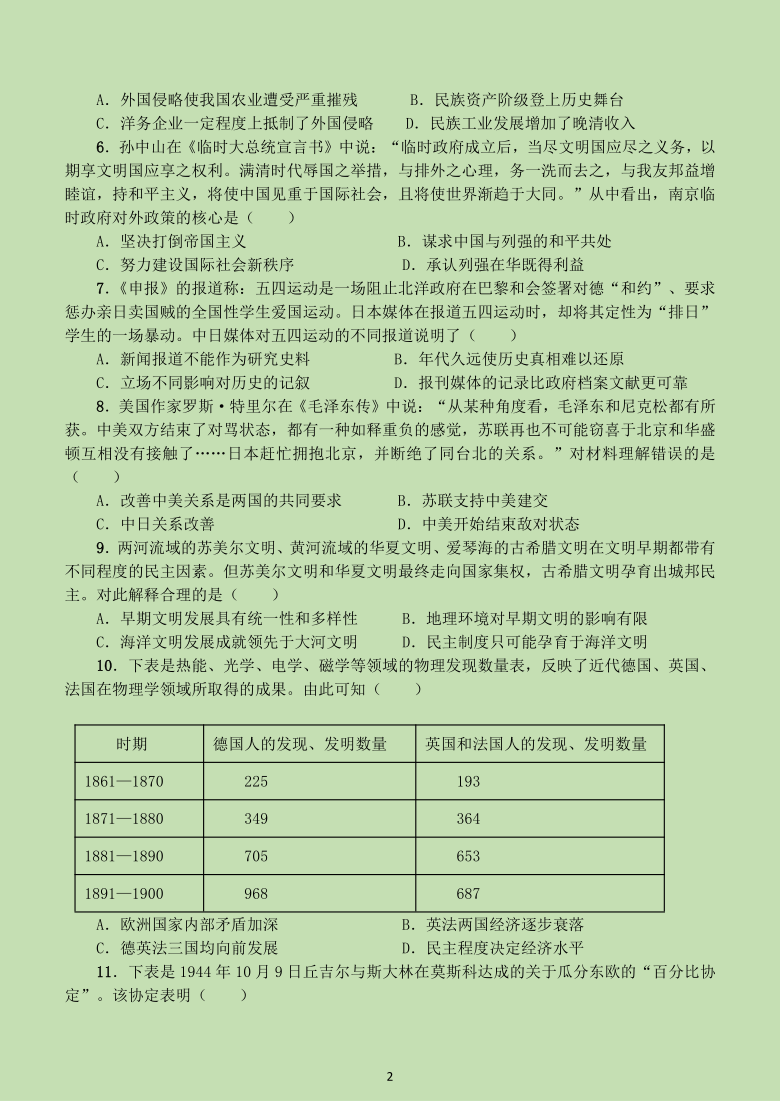 四川省眉山市东坡区2021年中考诊断考试文科综合能力测试卷历史试题含