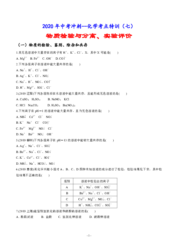 2020年中考冲刺--化学考点特训（七）：物质检验与分离、实验评价（有答案）