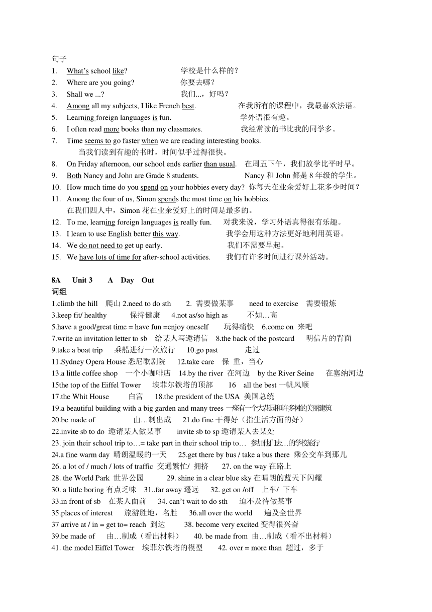 牛津译林版八年级上册unit 1-4词组句型复习学案