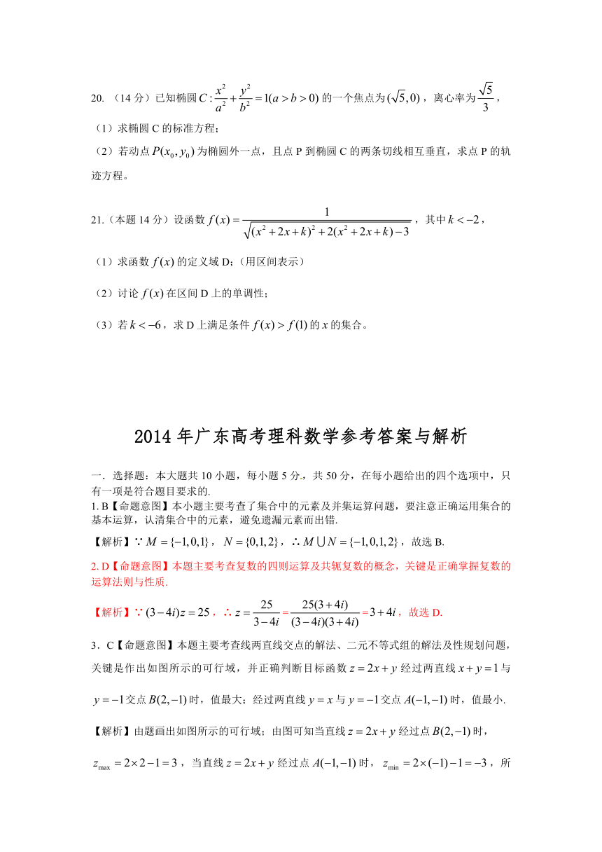 2014年广东高考理科数学参考答案与解析1