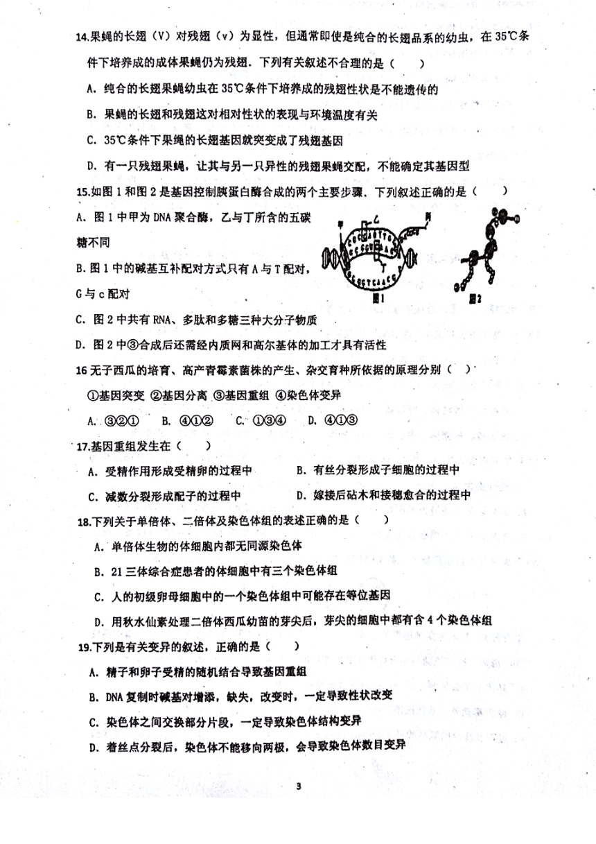 山东省单县第五中学2017-2018学年高二上学期第三次月考生物试题PDF版