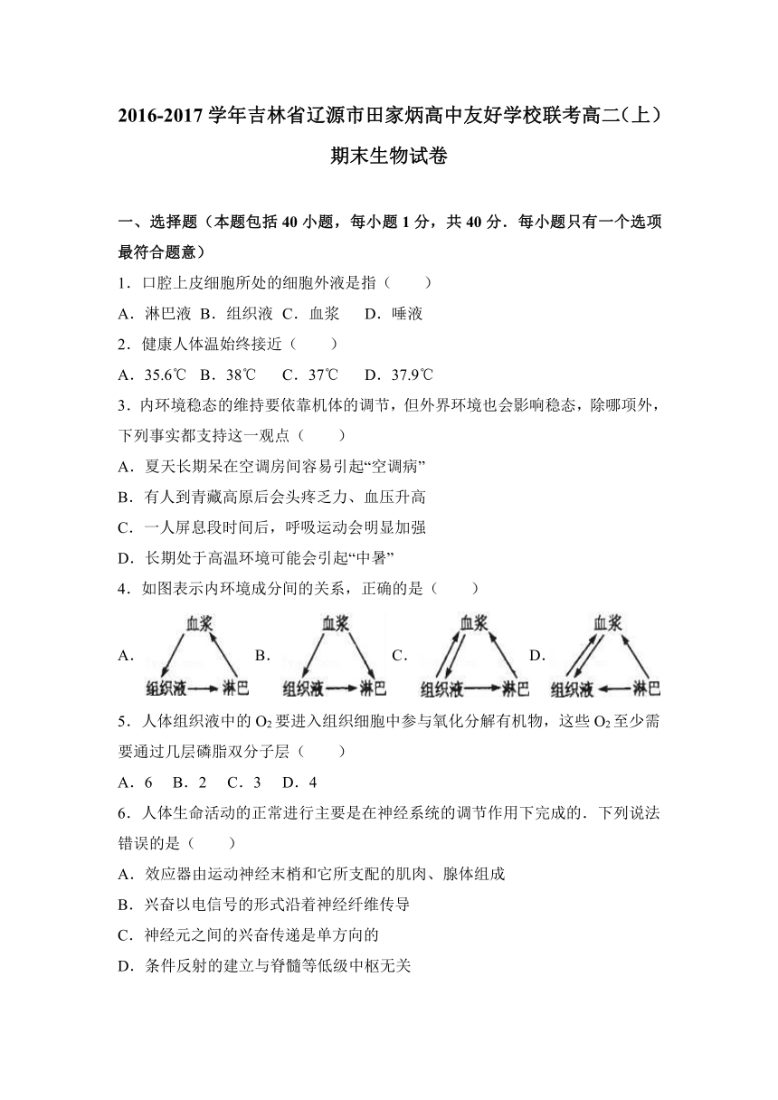 吉林省辽源市田家炳高中友好学校联考2016-2017学年高二（上）期末生物试卷（解析版）