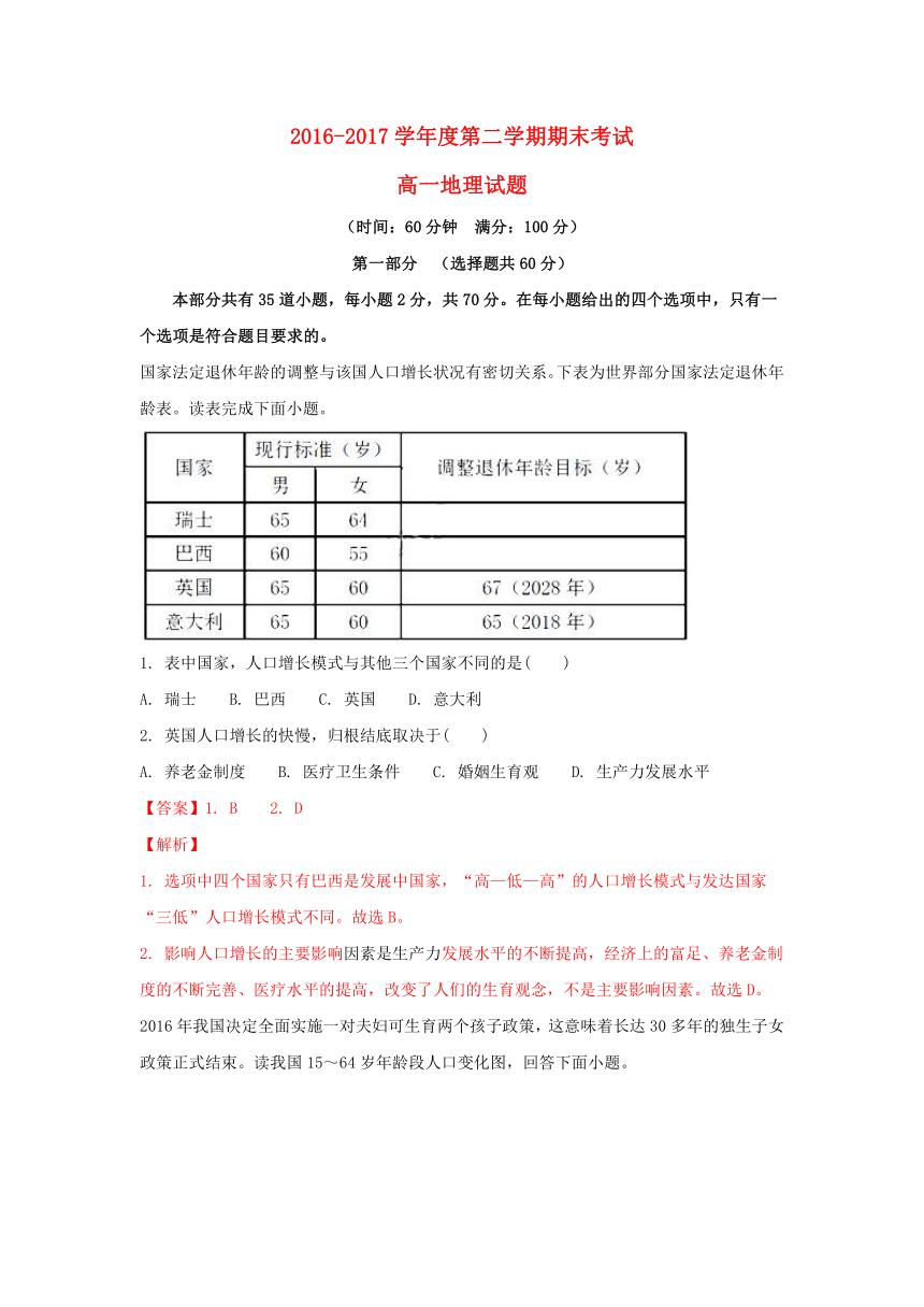 陕西省西安市2016-2017学年高一地理下学期期末考试试题（含解析）