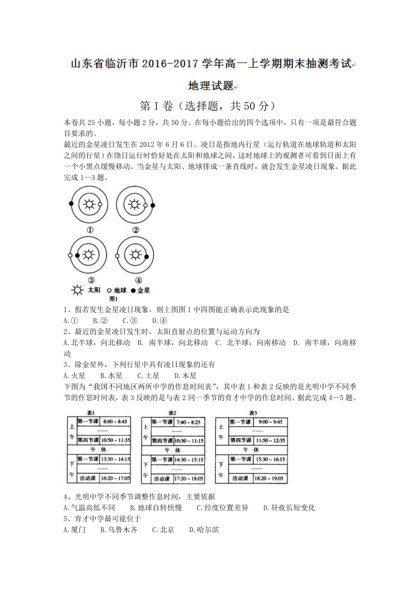 山东省临沂市2016-2017学年高一上学期期末抽测考试地理试题 Word版含答案