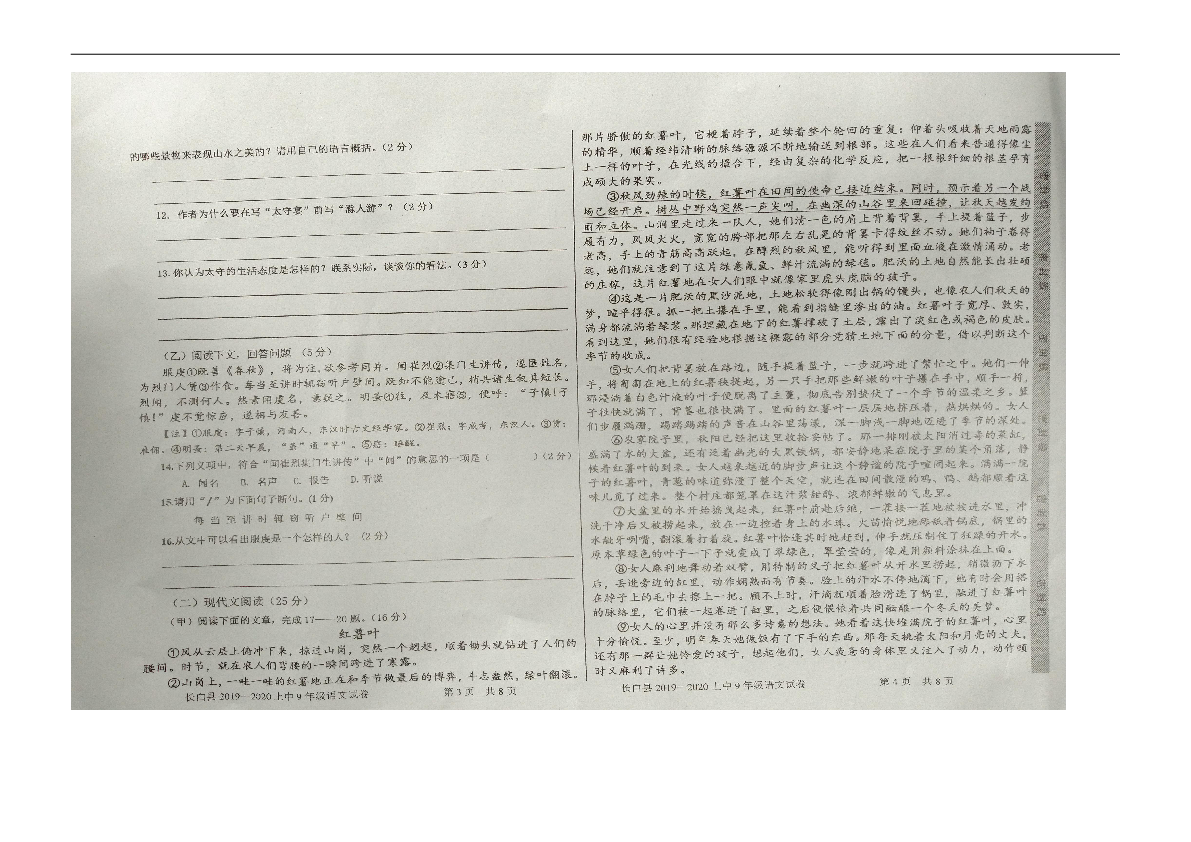 吉林省白山市长白县2020届九年级上学期期中考试语文试题（图片版，含答案）