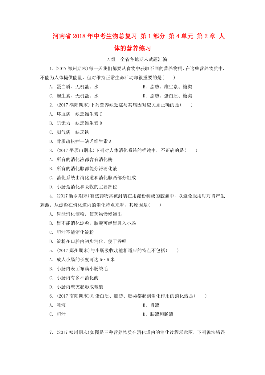 河南省2018年中考生物总复习第1部分第4单元第2章人体的营养练习