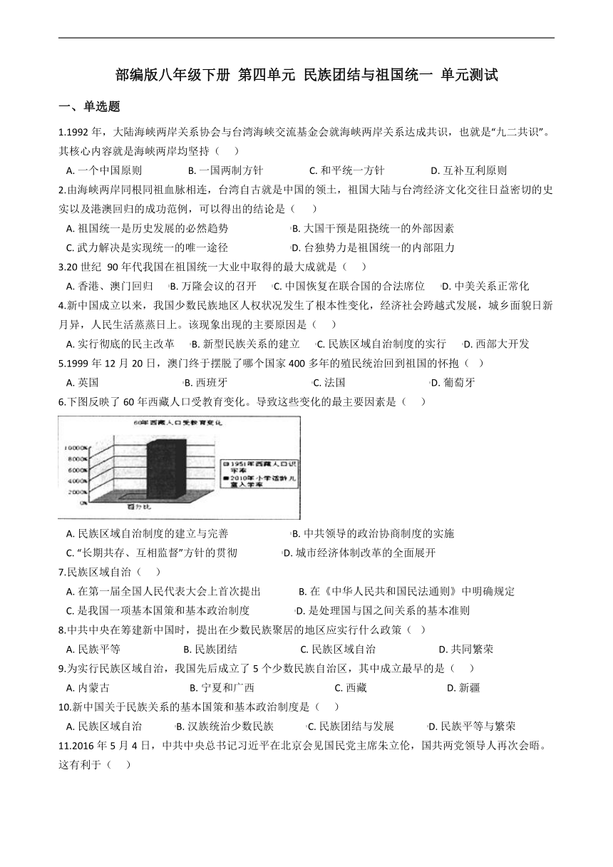 部编版八年级下册 第四单元 民族团结与祖国统一 单元测试（含答案解析）