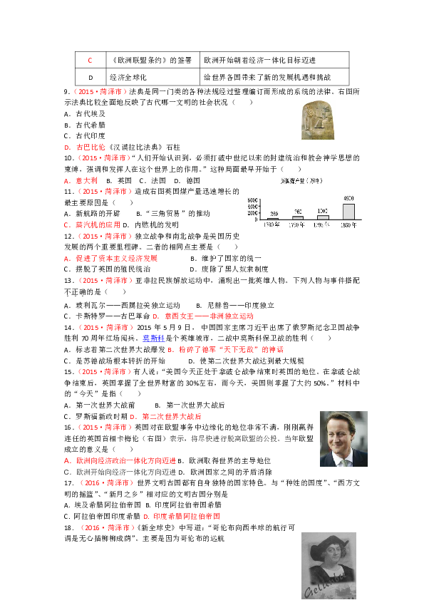 山东省菏泽市2014-2019年历史中考真题汇编（世界史）