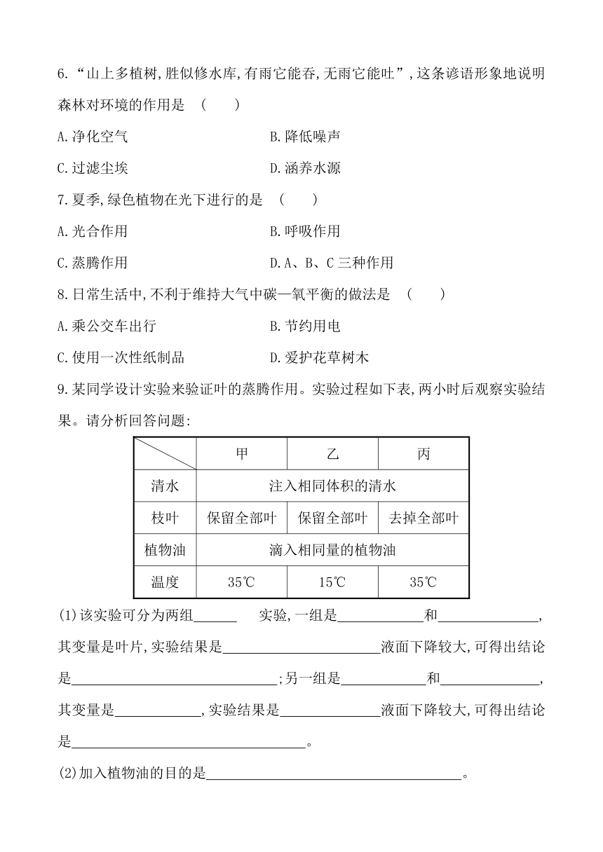 2017年中考生物一轮教材达标测试题：第3单元 第七章 绿色植物在生物圈中的作用（解析版）