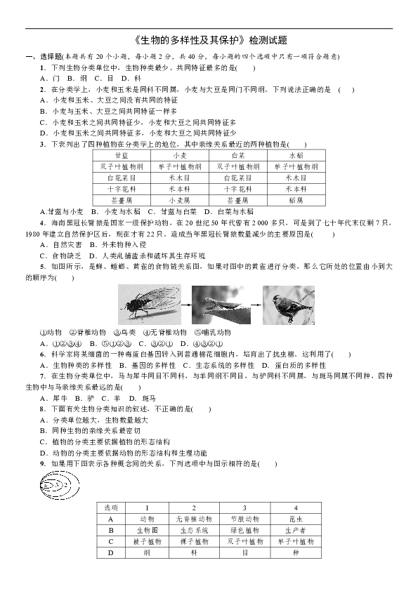 人教版八年级生物上册：第六单元《生物的多样性及其保护》检测试题