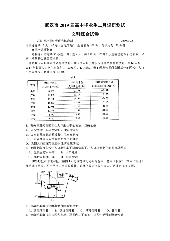 湖北省武汉市2019届高三毕业生二月调研测试文综地理试题