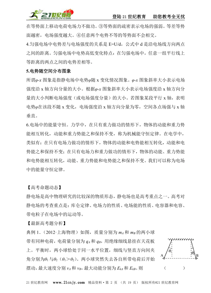 2013年高考物理二轮复习精品学案专题十二：静电场