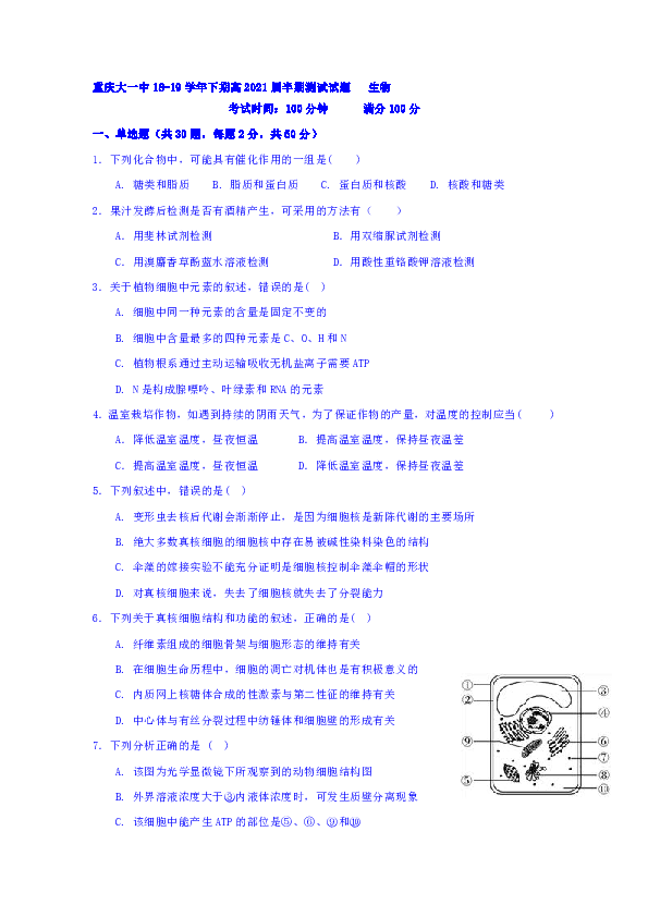 重庆大学城第一中学校2018-2019学年高一下学期期中考试生物试题